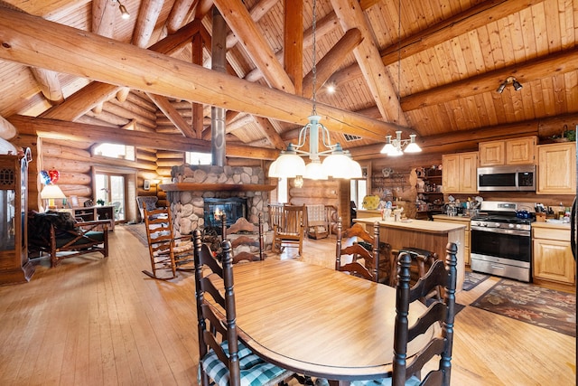 dining area with beam ceiling, light hardwood / wood-style floors, log walls, and a chandelier