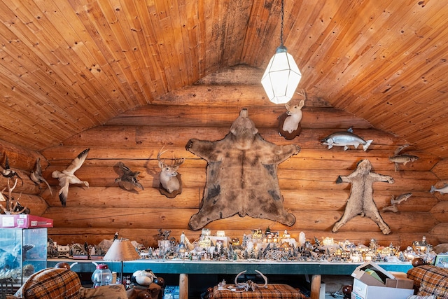 interior details featuring wooden ceiling and log walls