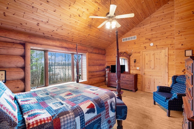 bedroom with high vaulted ceiling, ceiling fan, light wood-type flooring, log walls, and wood ceiling