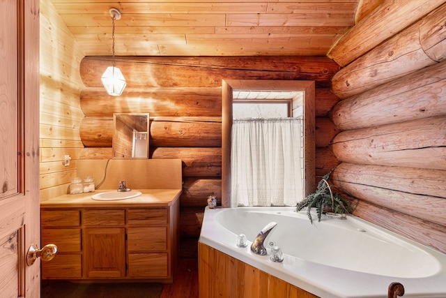 bathroom with a bathing tub, vanity, wooden ceiling, and rustic walls