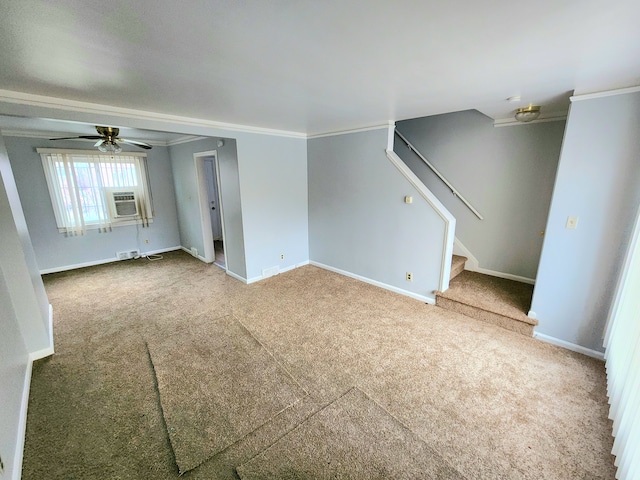 unfurnished living room with carpet, ceiling fan, and ornamental molding