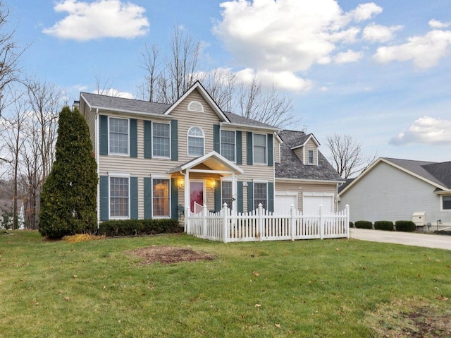 colonial-style house featuring a garage and a front lawn