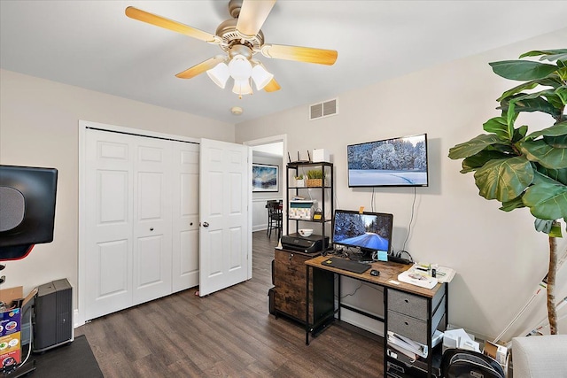 office featuring ceiling fan and dark hardwood / wood-style floors