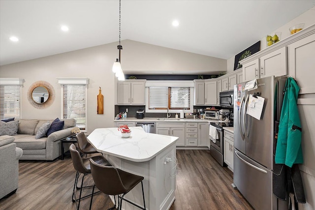 kitchen with lofted ceiling, dark wood-type flooring, sink, decorative light fixtures, and stainless steel appliances