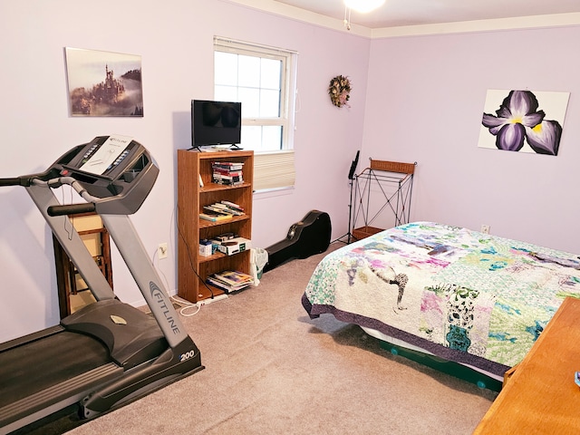 bedroom with carpet floors and ornamental molding