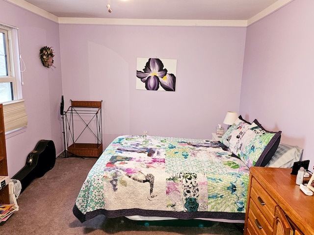 bedroom with carpet floors and crown molding