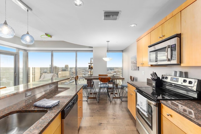 335 Bridge St NW Unit 2602, Grand Rapids, MI 49504 - kitchen with appliances with stainless steel finishes, light brown cabinetry, hardwood / wood-style floors, and recessed lighting