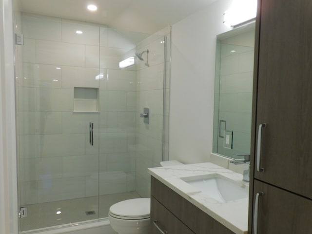 full bathroom featuring toilet, a stall shower, and vanity