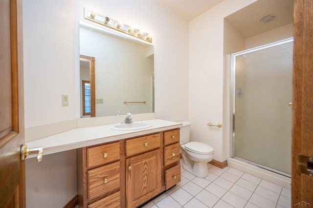 bathroom featuring tile patterned flooring, vanity, toilet, and a shower with shower door