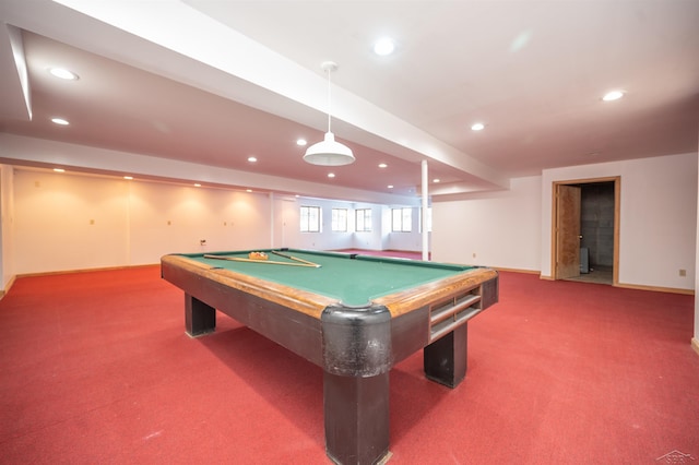 playroom with dark colored carpet and pool table