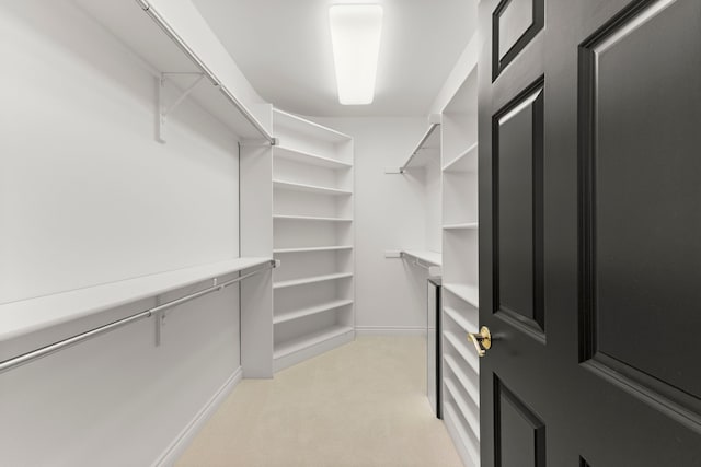 walk in closet with light carpet