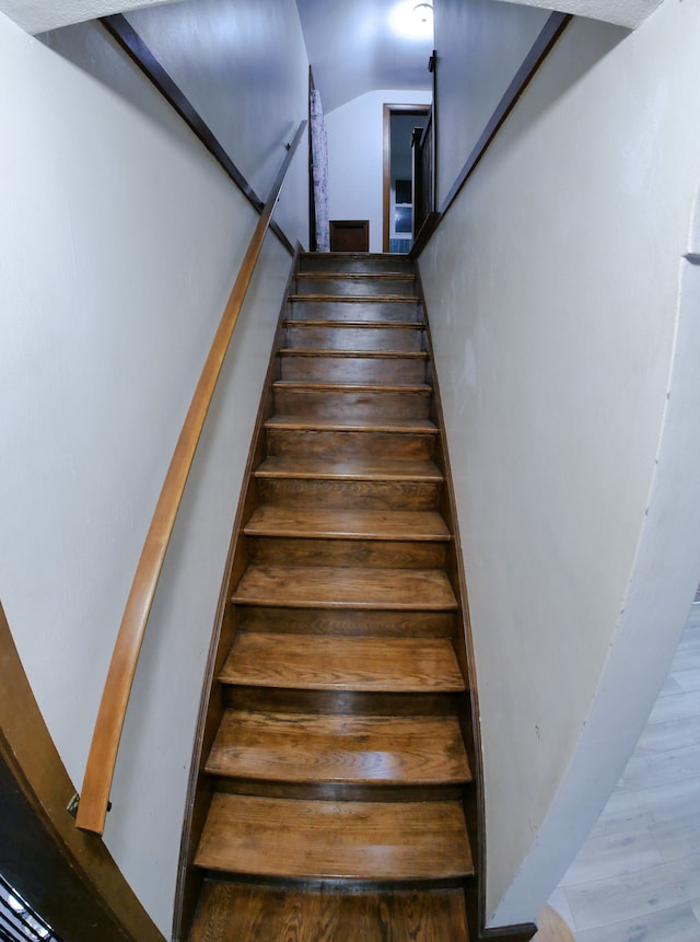 stairway with hardwood / wood-style floors