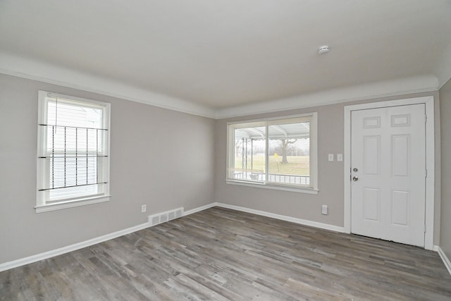 foyer entrance with hardwood / wood-style flooring, plenty of natural light, and ornamental molding