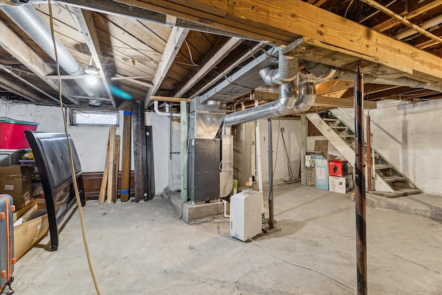 basement featuring heating unit