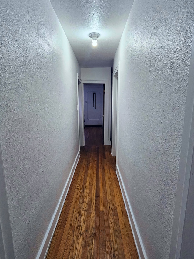 hallway with a textured ceiling and dark hardwood / wood-style flooring