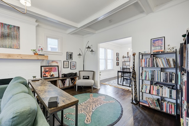 living room with beamed ceiling, dark hardwood / wood-style floors, crown molding, and coffered ceiling