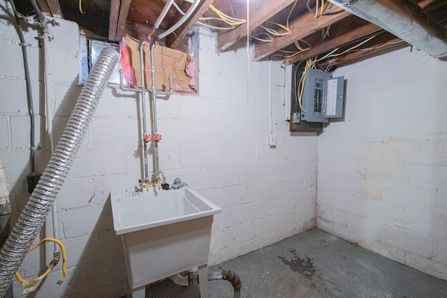 basement featuring electric panel and sink