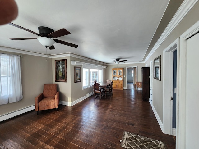 unfurnished room featuring ceiling fan, dark wood-type flooring, a baseboard radiator, and ornamental molding