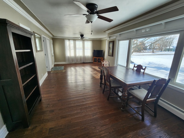 dining room with ceiling fan, ornamental molding, and dark wood-type flooring