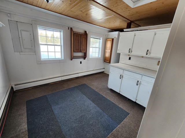 kitchen featuring white cabinetry, wooden ceiling, and a baseboard heating unit