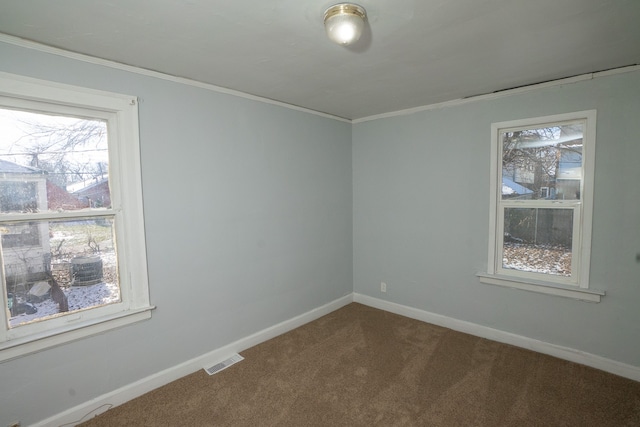 carpeted empty room featuring crown molding