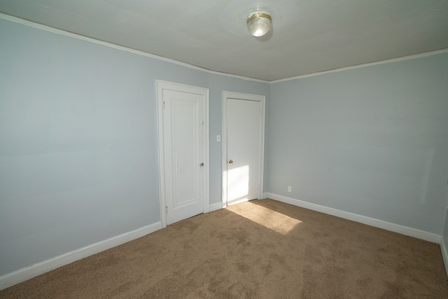 empty room featuring carpet flooring and ornamental molding