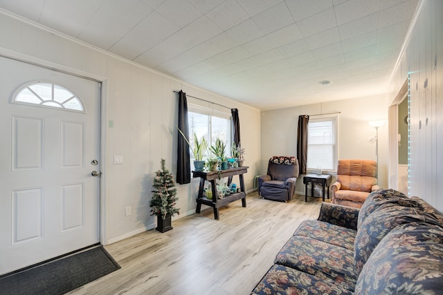 entryway with light hardwood / wood-style floors, a healthy amount of sunlight, and ornamental molding