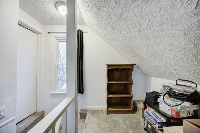 interior space with carpet floors, a textured ceiling, and vaulted ceiling