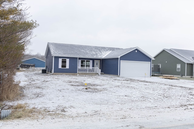 ranch-style house with a porch and cooling unit