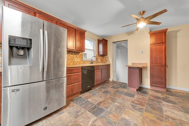 kitchen featuring ceiling fan, decorative backsplash, stainless steel fridge with ice dispenser, and black dishwasher