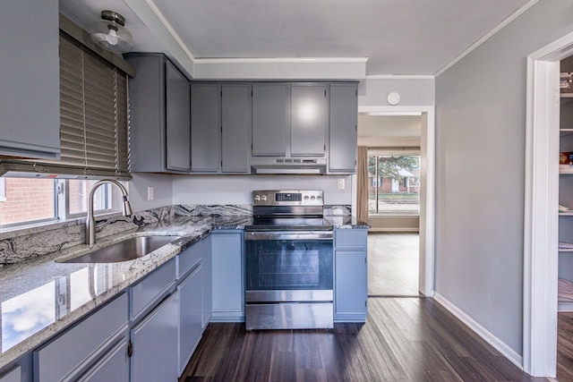 kitchen featuring sink, crown molding, gray cabinetry, dark hardwood / wood-style flooring, and stainless steel electric stove