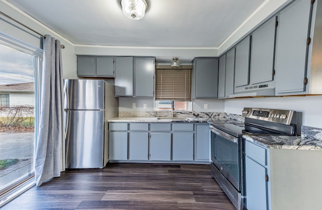 kitchen with gray cabinets, crown molding, appliances with stainless steel finishes, and sink