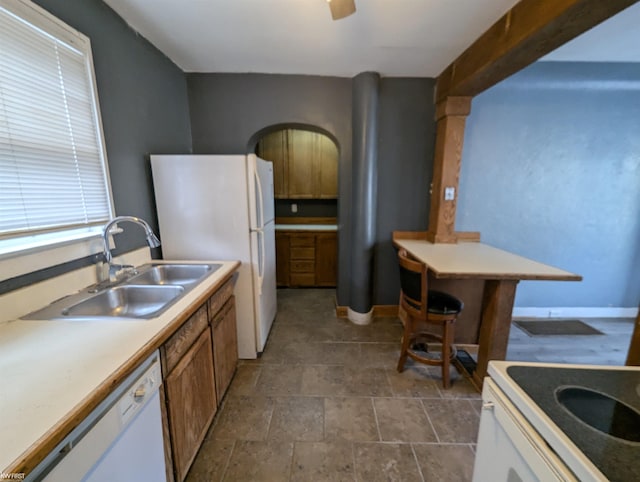 kitchen featuring ceiling fan, sink, and white appliances