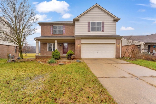 front facade featuring a garage and a front yard