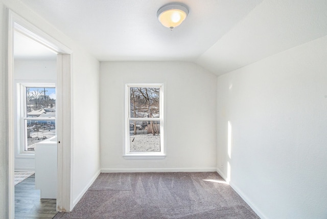 spare room with carpet flooring, a healthy amount of sunlight, and lofted ceiling