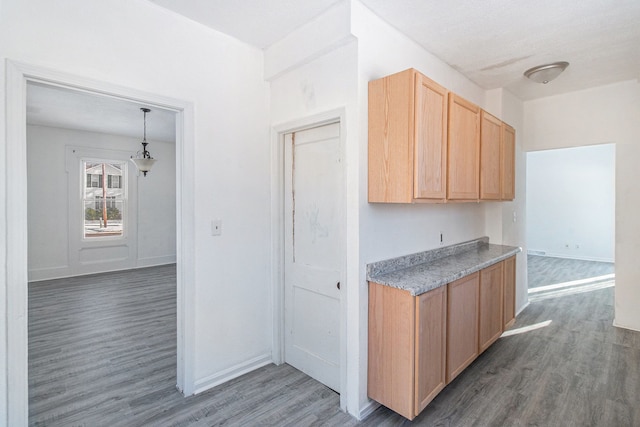 kitchen featuring light brown cabinetry, dark hardwood / wood-style flooring, and hanging light fixtures