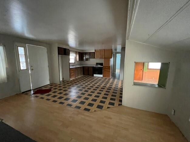 kitchen with white stove