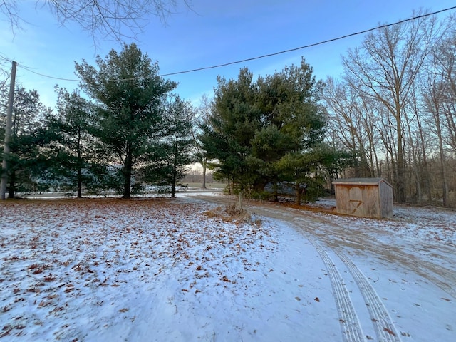 yard layered in snow featuring a storage shed