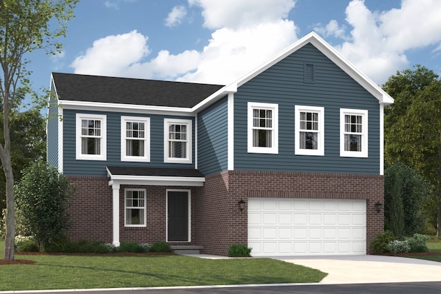 view of front of home with a front lawn and a garage