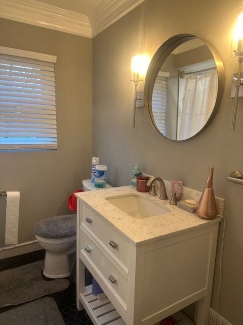 bathroom featuring vanity, toilet, and ornamental molding