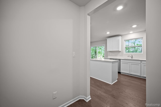 14213 Old Oak Trl, Van Buren, MI 48111 - kitchen with dishwasher, white cabinets, dark wood-style flooring, light countertops, and a sink