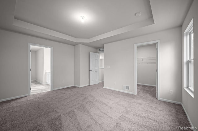 14213 Old Oak Trl, Van Buren, MI 48111 - unfurnished bedroom featuring a tray ceiling, a walk in closet, carpet flooring, and baseboards