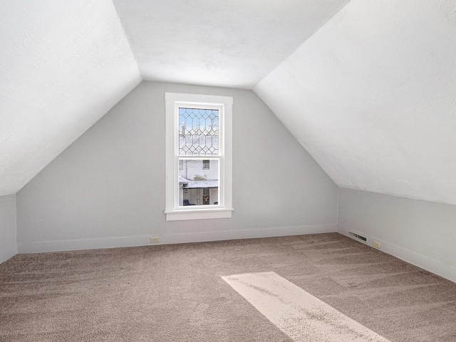 additional living space featuring a textured ceiling, carpet, and lofted ceiling