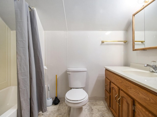 full bathroom featuring tile patterned flooring, vanity, toilet, and shower / bathtub combination with curtain