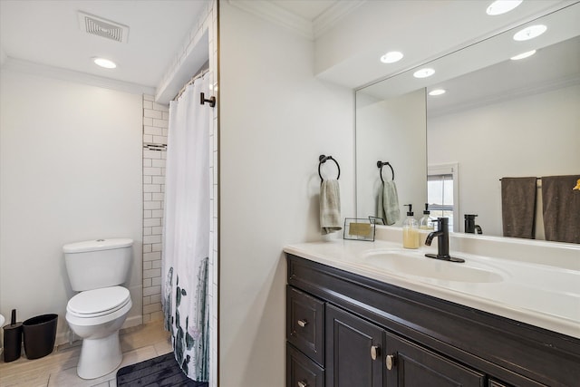 bathroom with walk in shower, vanity, crown molding, hardwood / wood-style floors, and toilet