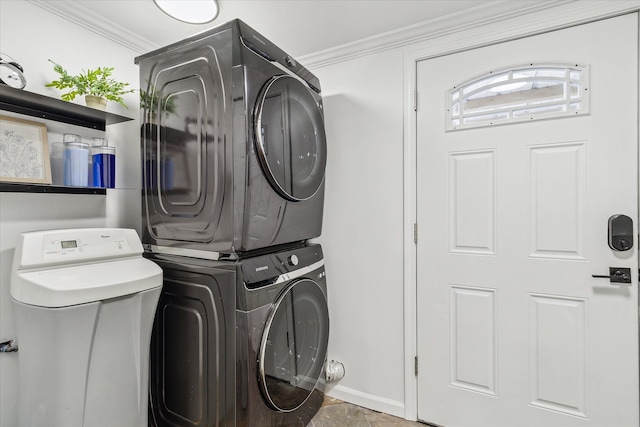 4643 Waldon Rd, Clarkston, MI 48348 - laundry area featuring estacked washer and dryer and ornamental molding