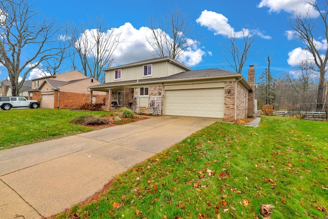 view of front of property with a front lawn, a porch, and a garage