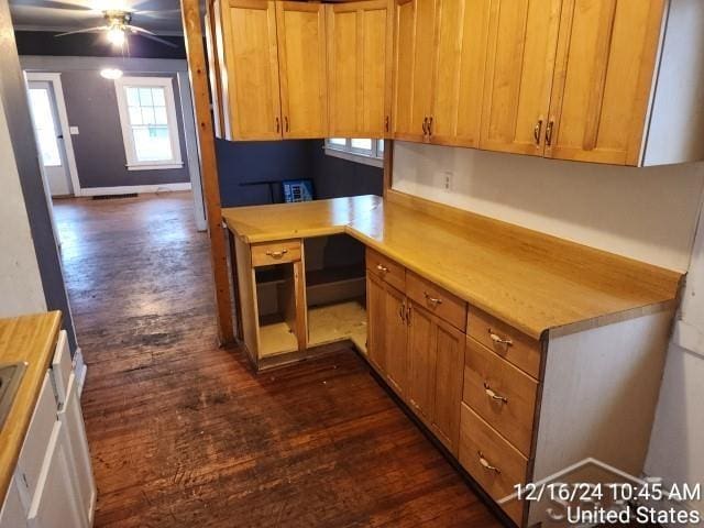 kitchen featuring kitchen peninsula, ceiling fan, and dark wood-type flooring