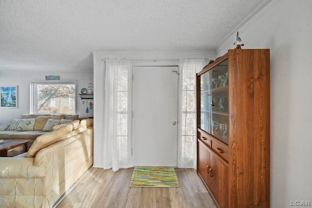 foyer featuring a textured ceiling, light hardwood / wood-style flooring, and ornamental molding