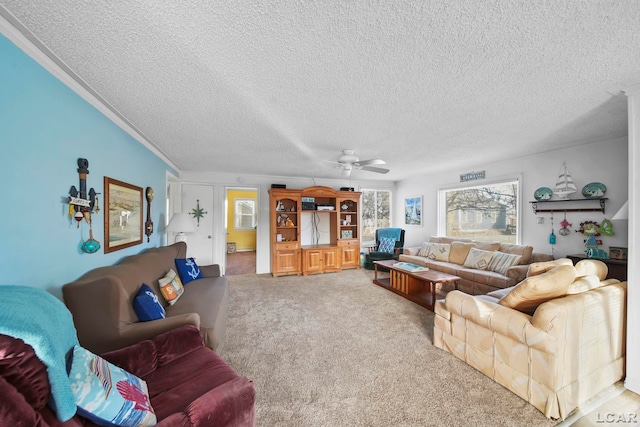 living room featuring carpet, ceiling fan, ornamental molding, and a textured ceiling